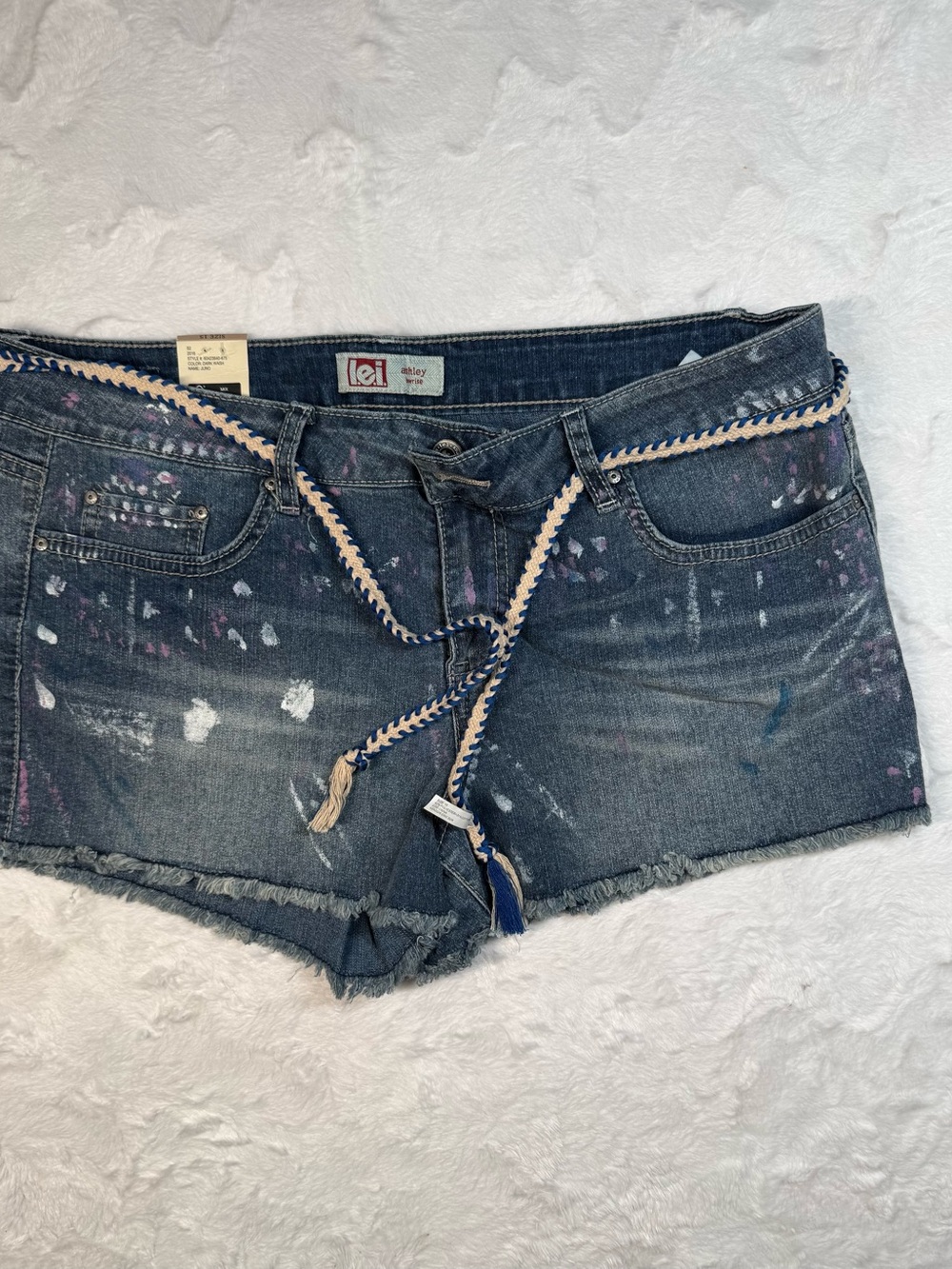 lei Junior’s Dark Blue Distressed Denim Shorts with Braided Belt